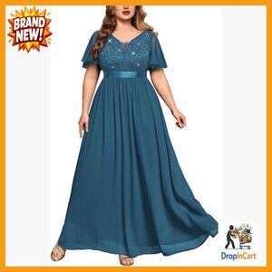 Sequin Lace Chiffon Maxi Dress Elegant Formal Wedding Guest V Neck